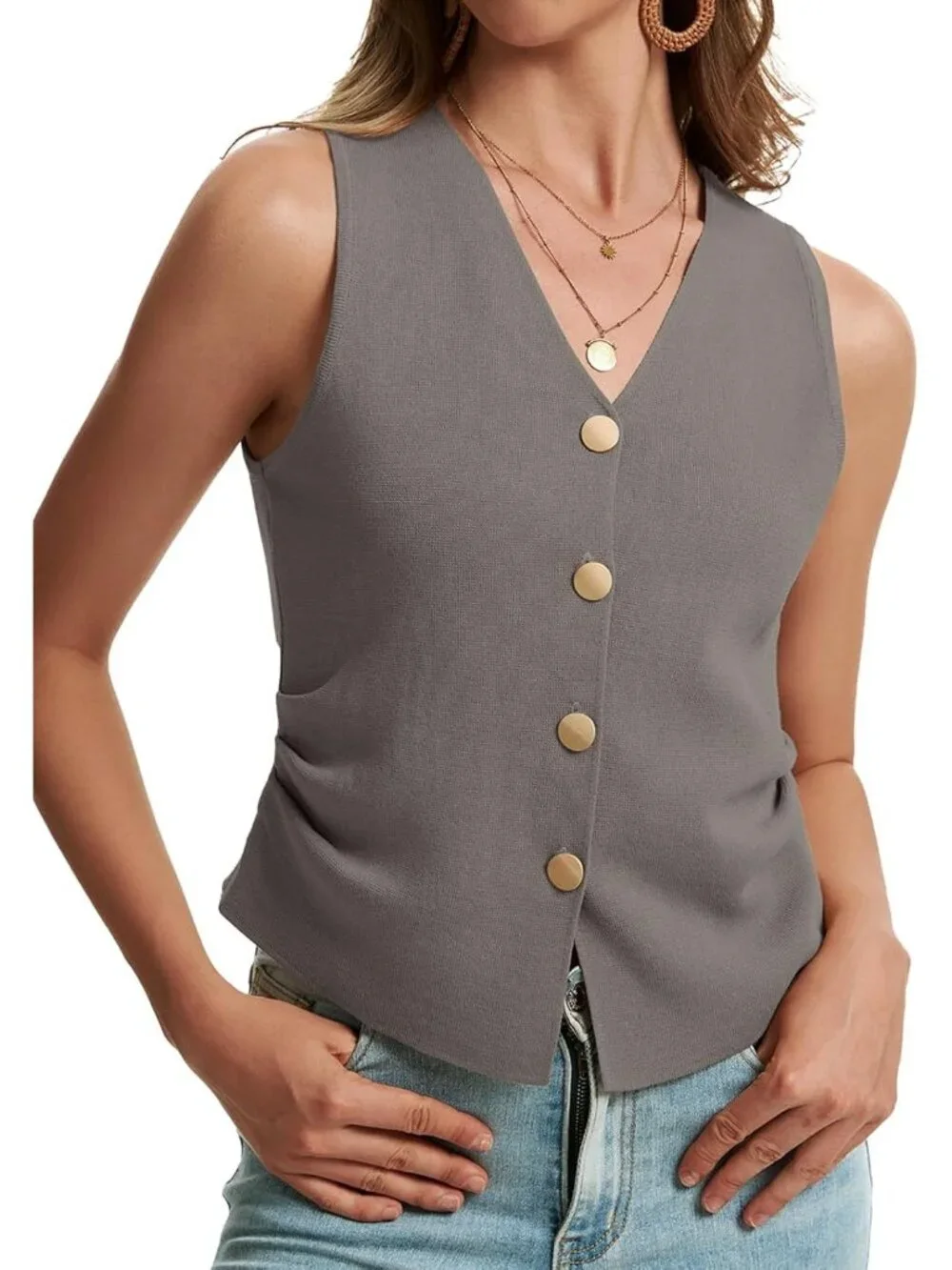 Women's Taupe Sleeveless Button Up Knit Imported Casual Sweater Vest Tank Tops